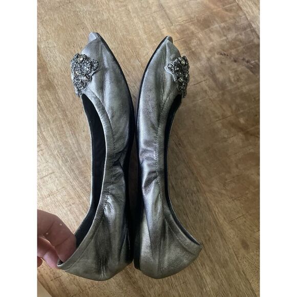 Vera Wang Embellished Silver Leather Peep Toe Ballet Flats 7.5 M Vero Cuoio - Picture 5 of 7